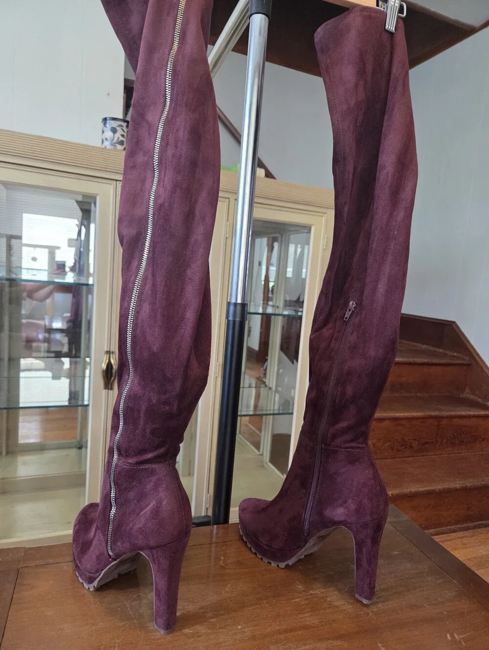 Oxblood Faux Suede Platform Heeled Over The Knee Boots